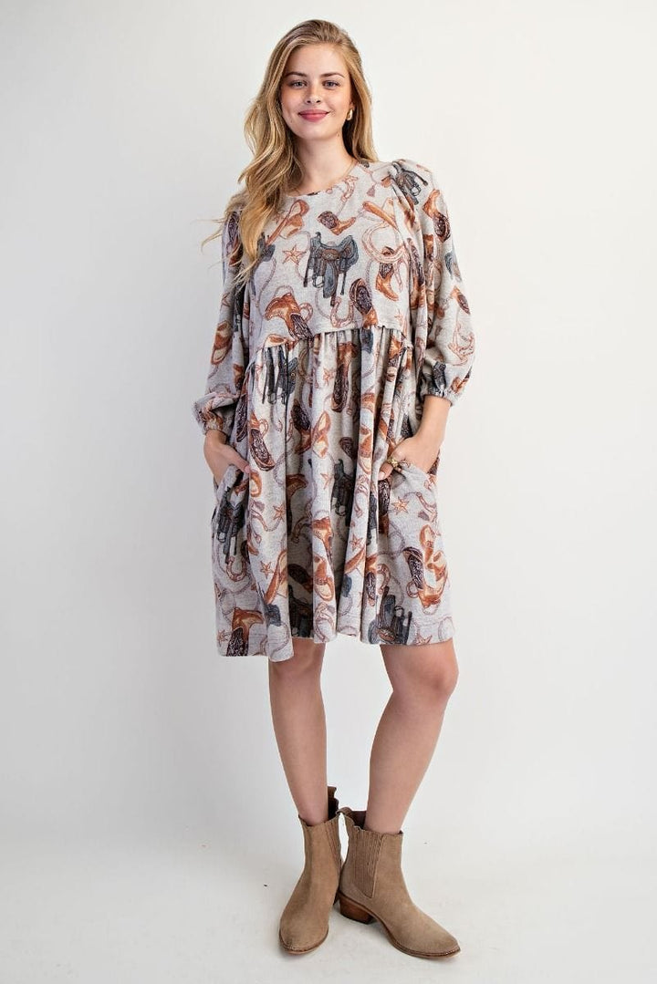 Easel Western Print Brushed Hacci 3/4 Sleeve Babydoll Dress