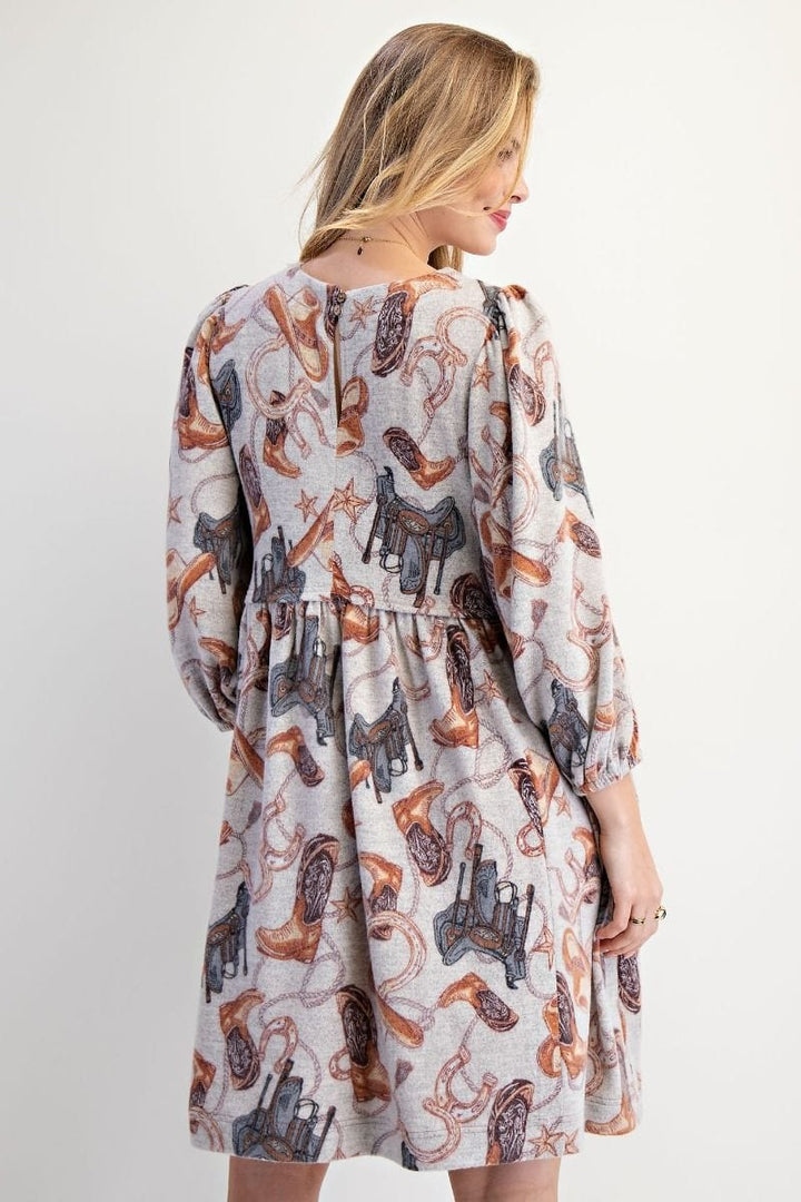 Easel Western Print Brushed Hacci 3/4 Sleeve Babydoll Dress