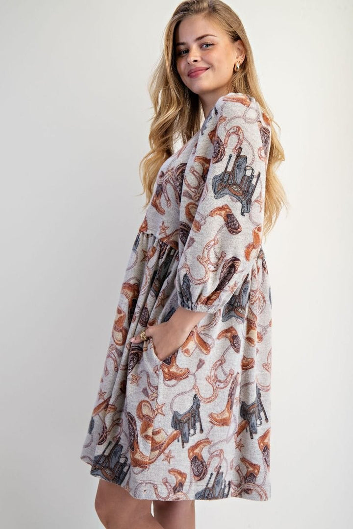 Easel Western Print Brushed Hacci 3/4 Sleeve Babydoll Dress