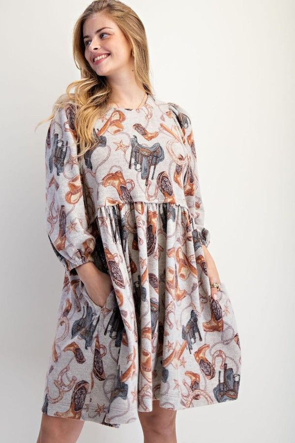 Easel Western Print Brushed Hacci 3/4 Sleeve Babydoll Dress