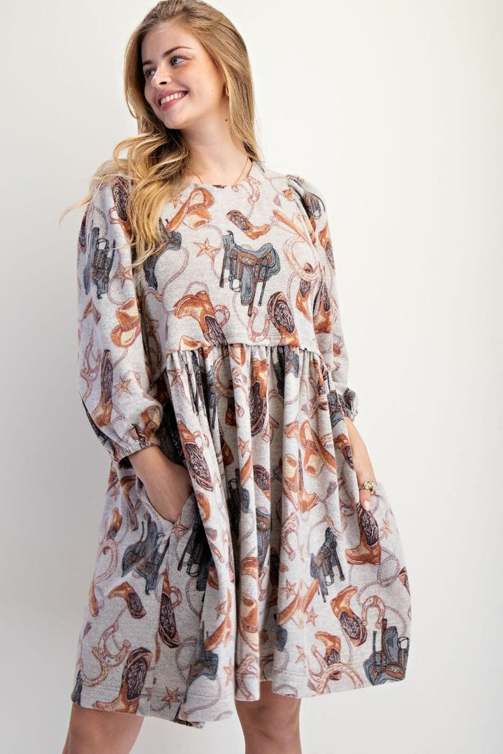 Easel Western Print Brushed Hacci 3/4 Sleeve Babydoll Dress