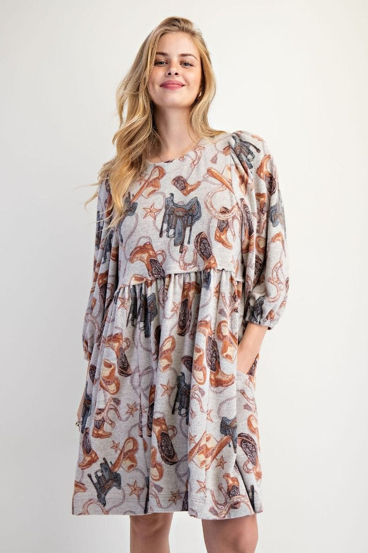 Easel Western Print Brushed Hacci 3/4 Sleeve Babydoll Dress