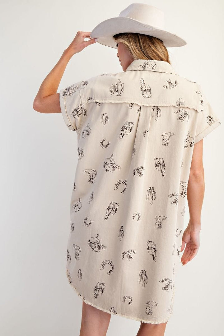 Easel Western Printed Washed Twill Button Down Collared Shirt Dress