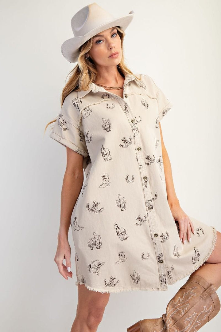 Easel Western Printed Washed Twill Button Down Collared Shirt Dress