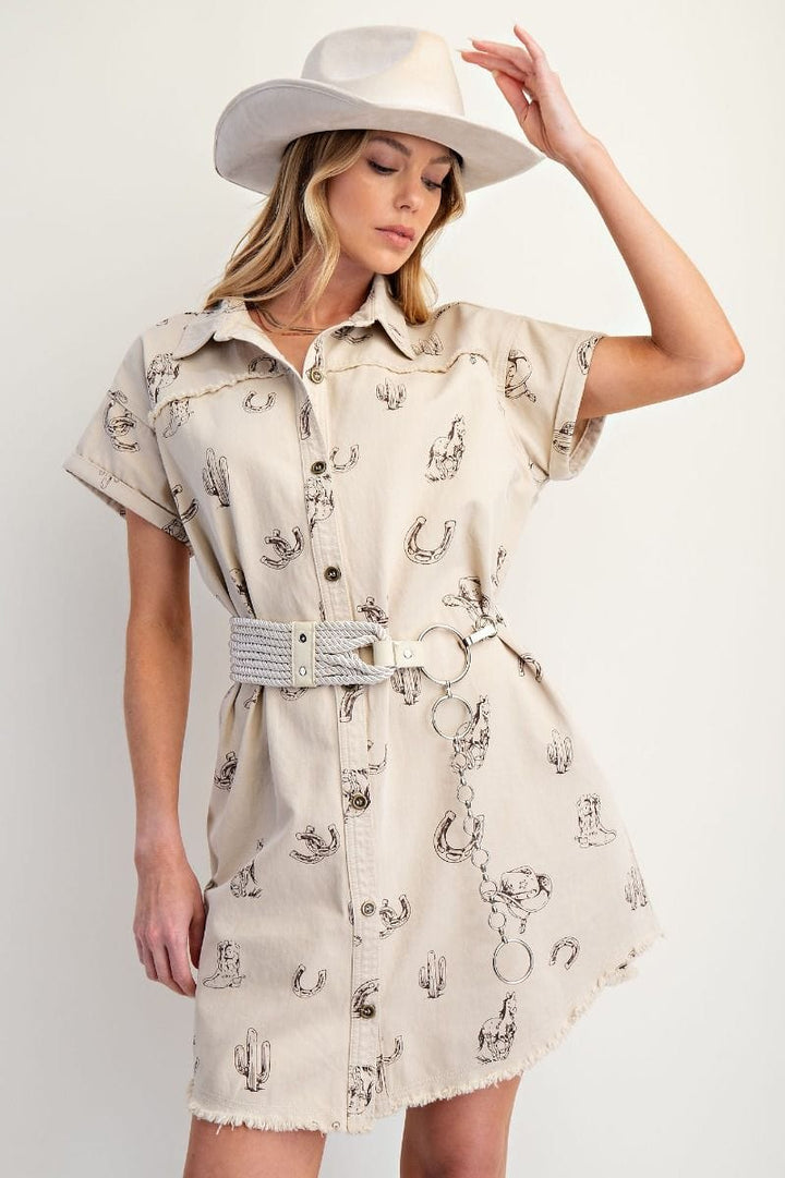 Easel Western Printed Washed Twill Button Down Collared Shirt Dress