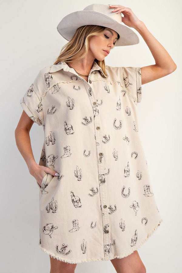 Easel Western Printed Washed Twill Button Down Collared Shirt Dress