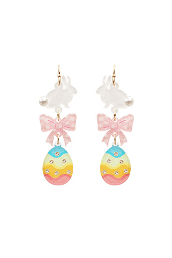 Easter Glittery Bunny, Bow, and Decorated Egg Drop Earrings