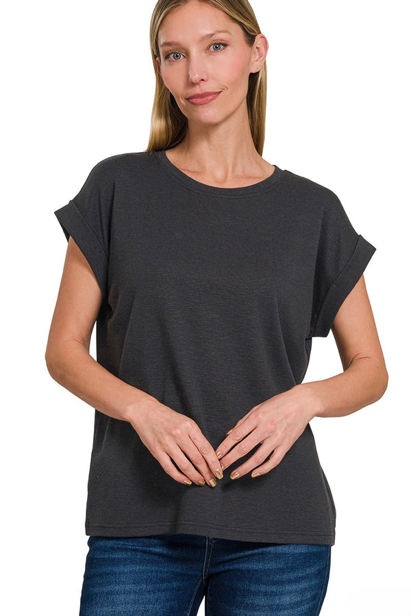 Zenana Cotton Modal Slub Rolled Sleeve Basic Tee Shirt