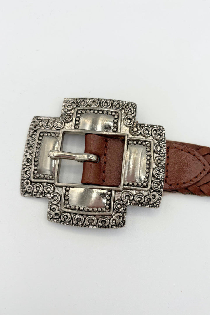 Elise Heart and Country Style Belt Buckle Genuine Leather Braided Belt