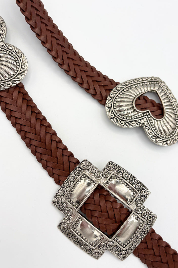 Elise Heart and Country Style Belt Buckle Genuine Leather Braided Belt