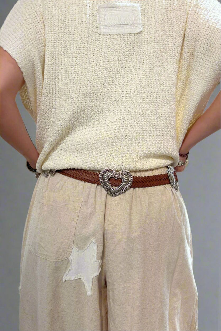 Elise Heart and Country Style Belt Buckle Genuine Leather Braided Belt