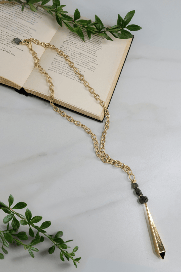 Empire Necklace Handmade with Matte Gold Chain, Labradorite Stones, and Vintage Center Element