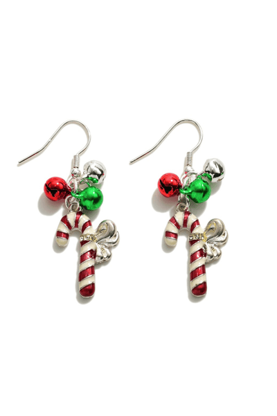 Enamel Candy Cane and Christmas Bell Drop Earrings