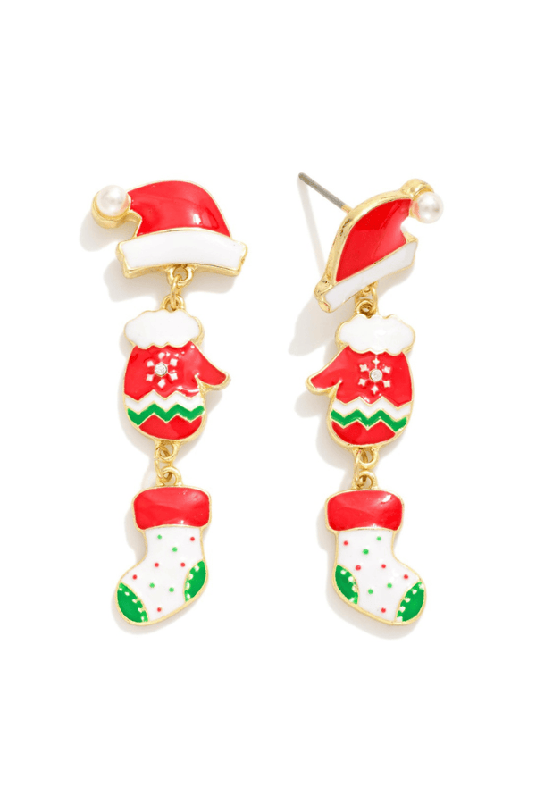 Enamel Hat, Mitten, and Stocking Christmas Drop Earrings