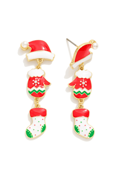 Enamel Hat, Mitten, and Stocking Christmas Drop Earrings