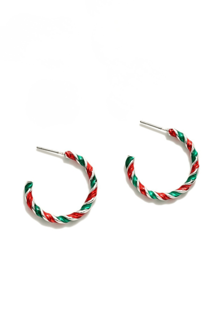 Enamel Metallic Striped Christmas Hoop Earrings