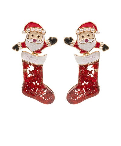 Enamel Santa in Glitter Christmas Stocking Dangle Earrings