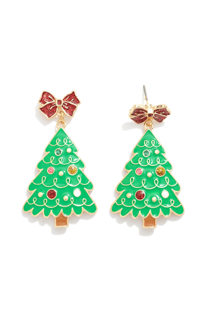 Enamel Swirly Christmas Tree Dangle Earrings with Bow Posts