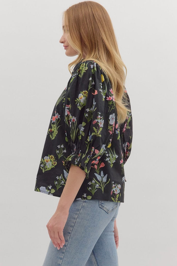 Entro Botanical Print 3/4 Ruffle Sleeve Blouse Top