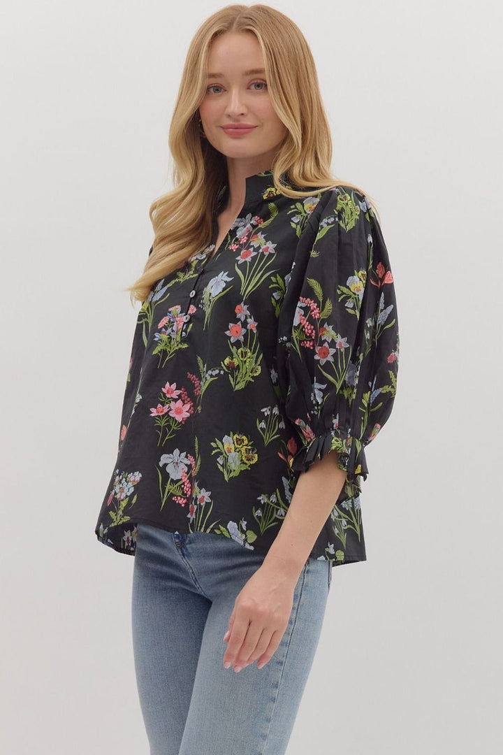 Entro Botanical Print 3/4 Ruffle Sleeve Blouse Top