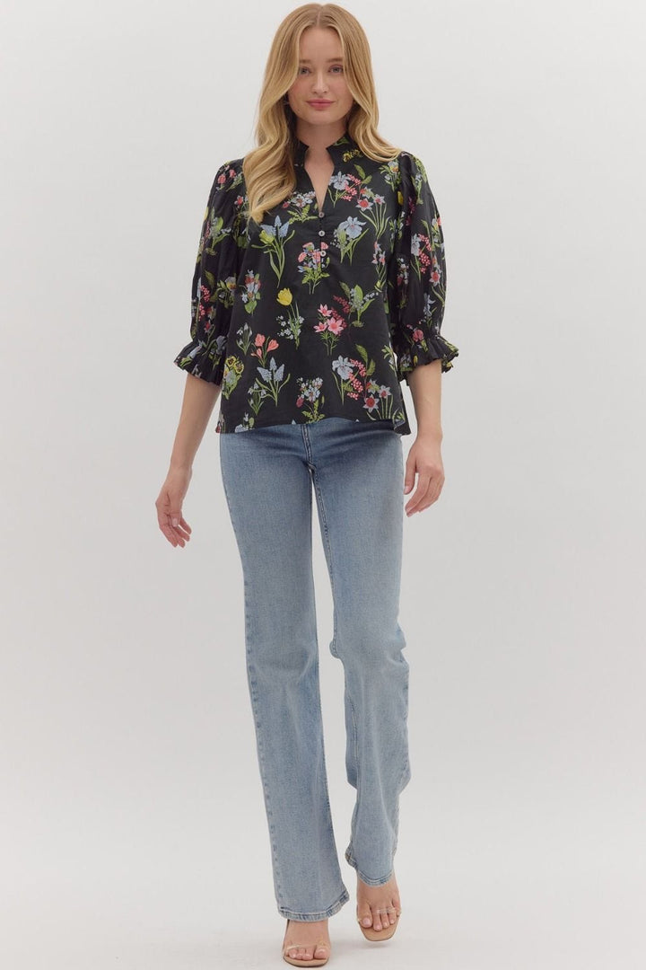 Entro Botanical Print 3/4 Ruffle Sleeve Blouse Top