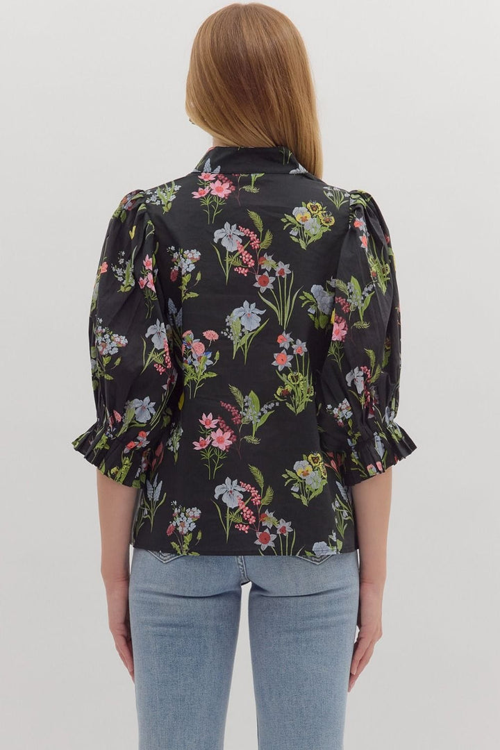 Entro Botanical Print 3/4 Ruffle Sleeve Blouse Top