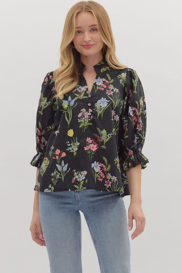 Entro Botanical Print 3/4 Ruffle Sleeve Blouse Top