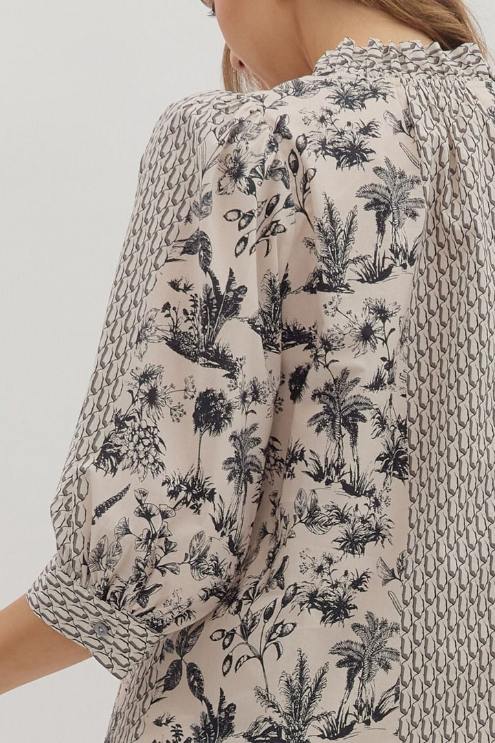 Entro Duo Botanical Print Tassel Tie 3/4 Sleeve Blouse Top