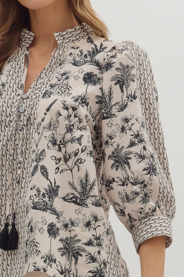 Entro Duo Botanical Print Tassel Tie 3/4 Sleeve Blouse Top
