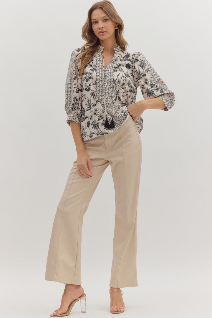 Entro Duo Botanical Print Tassel Tie 3/4 Sleeve Blouse Top
