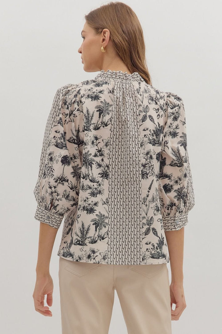 Entro Duo Botanical Print Tassel Tie 3/4 Sleeve Blouse Top