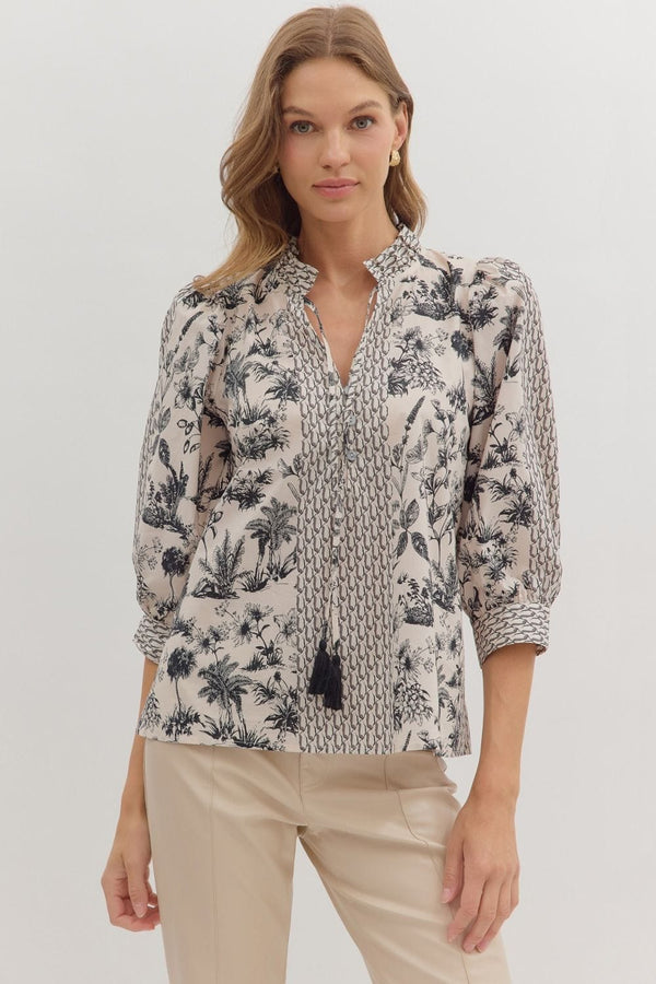 Entro Duo Botanical Print Tassel Tie 3/4 Sleeve Blouse Top