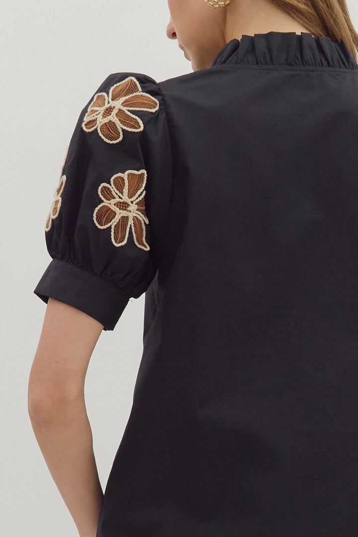 Entro Embroidered Floral Applique Short Puff Sleeve Top