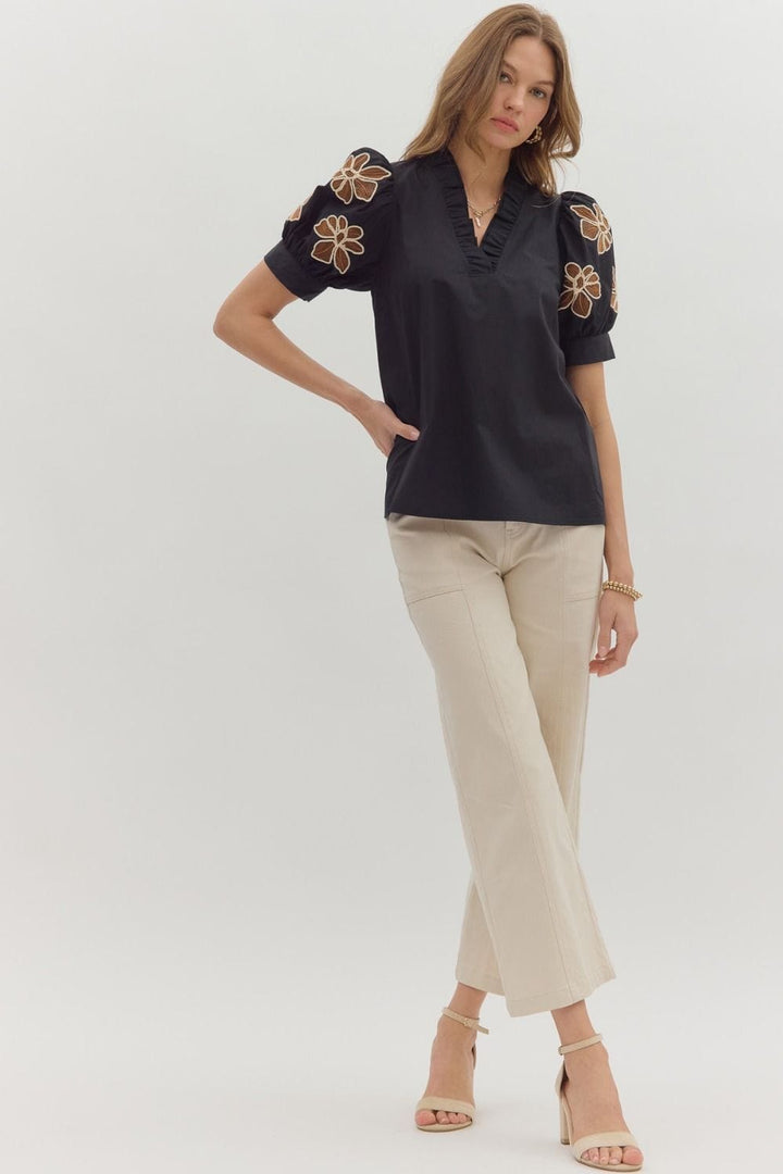 Entro Embroidered Floral Applique Short Puff Sleeve Top