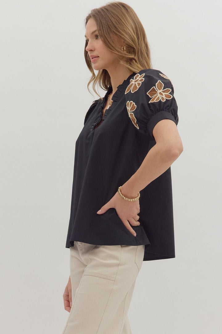 Entro Embroidered Floral Applique Short Puff Sleeve Top