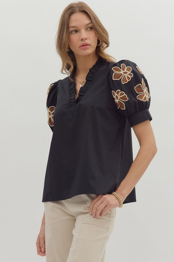 Entro Embroidered Floral Applique Short Puff Sleeve Top
