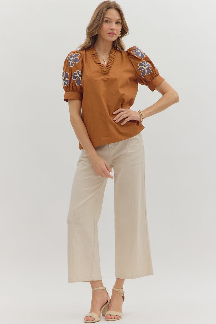 Entro Embroidered Floral Applique Short Puff Sleeve Top