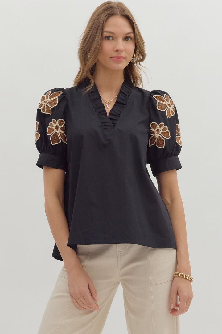 Entro Embroidered Floral Applique Short Puff Sleeve Top