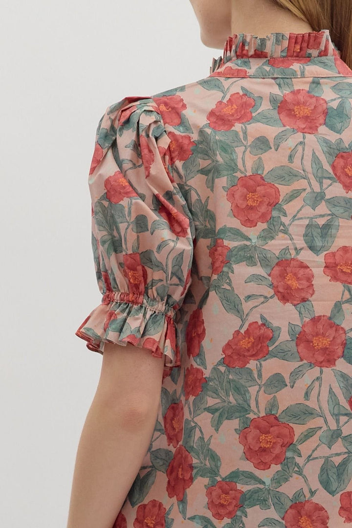 Entro Floral Pattern Short Puff Sleeve Blouse