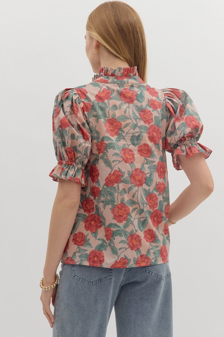 Entro Floral Pattern Short Puff Sleeve Blouse