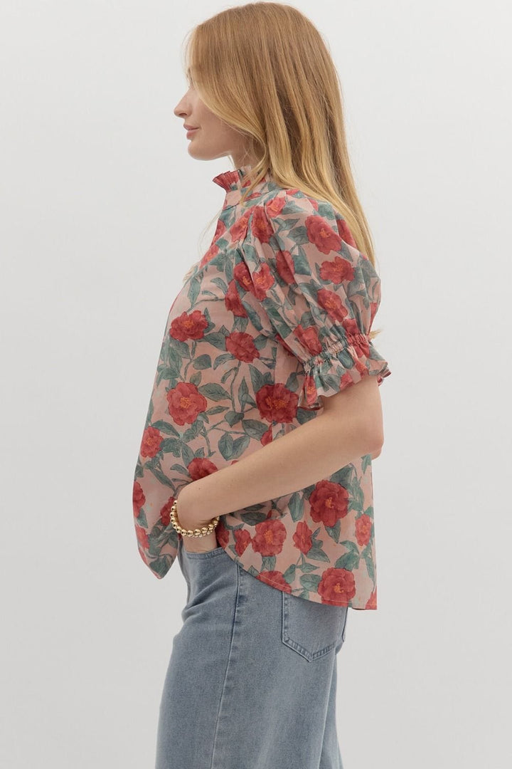 Entro Floral Pattern Short Puff Sleeve Blouse