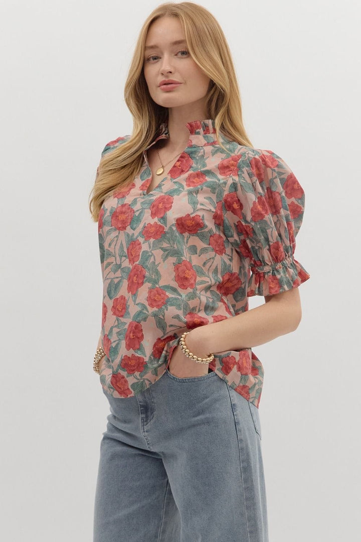 Entro Floral Pattern Short Puff Sleeve Blouse