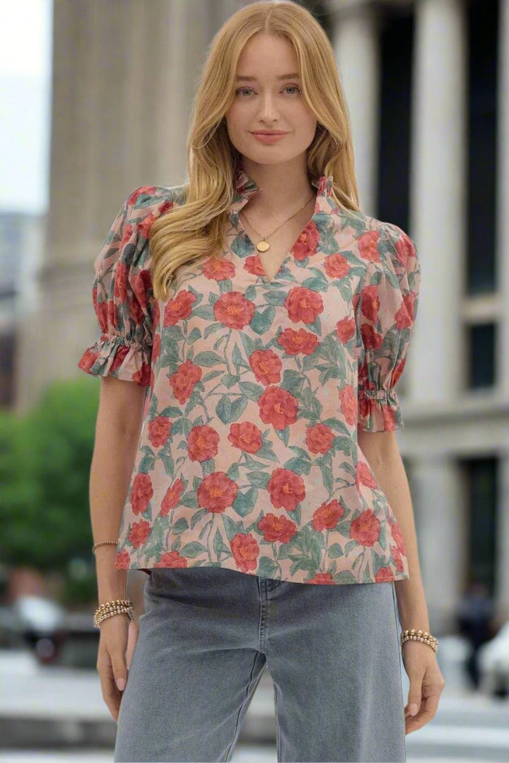 Entro Floral Pattern Short Puff Sleeve Blouse