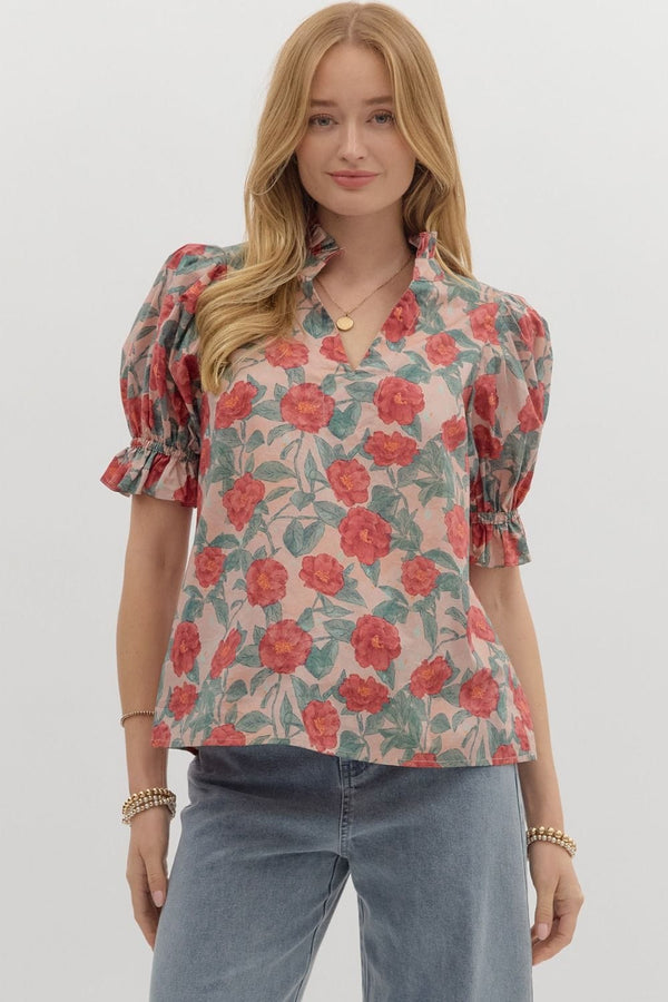 Entro Floral Pattern Short Puff Sleeve Blouse