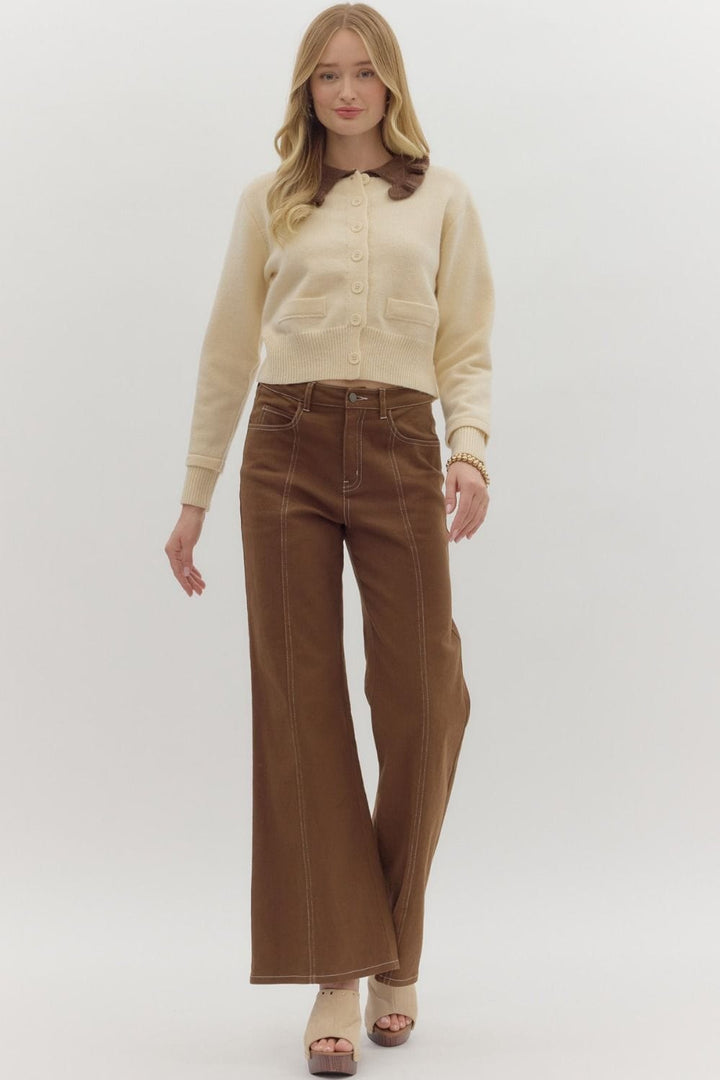 Entro Long Sleeve Ruffle Collared Knit Cardigan