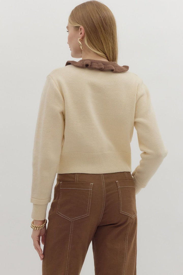 Entro Long Sleeve Ruffle Collared Knit Cardigan