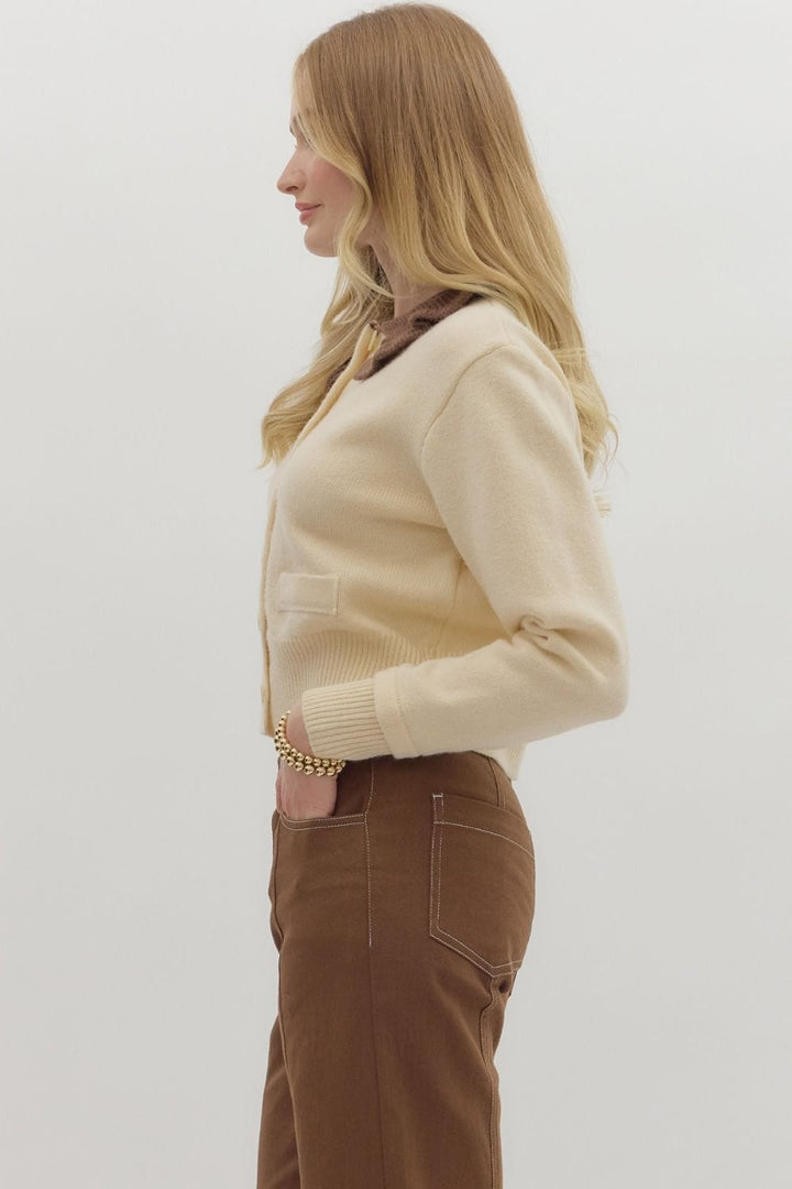 Entro Long Sleeve Ruffle Collared Knit Cardigan