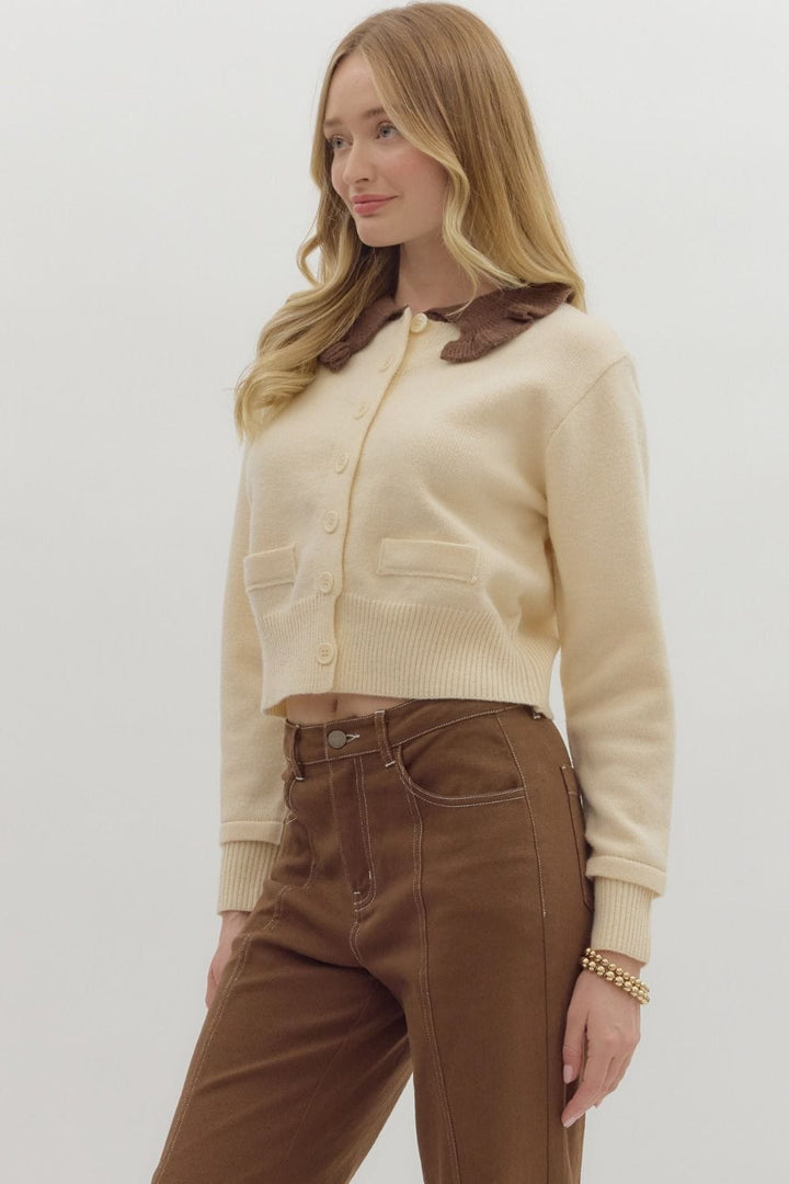 Entro Long Sleeve Ruffle Collared Knit Cardigan