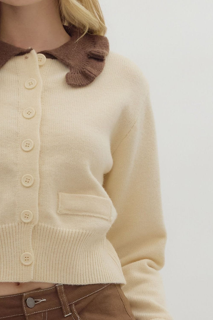 Entro Long Sleeve Ruffle Collared Knit Cardigan