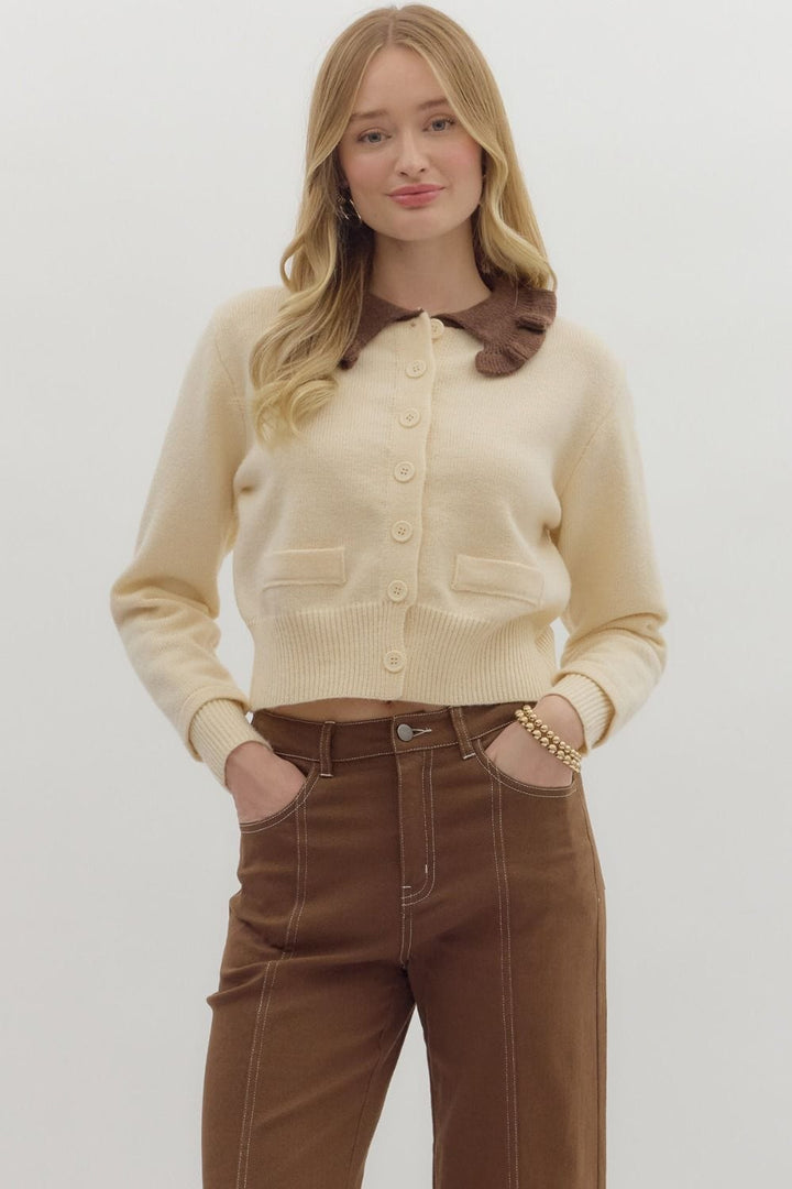 Entro Long Sleeve Ruffle Collared Knit Cardigan